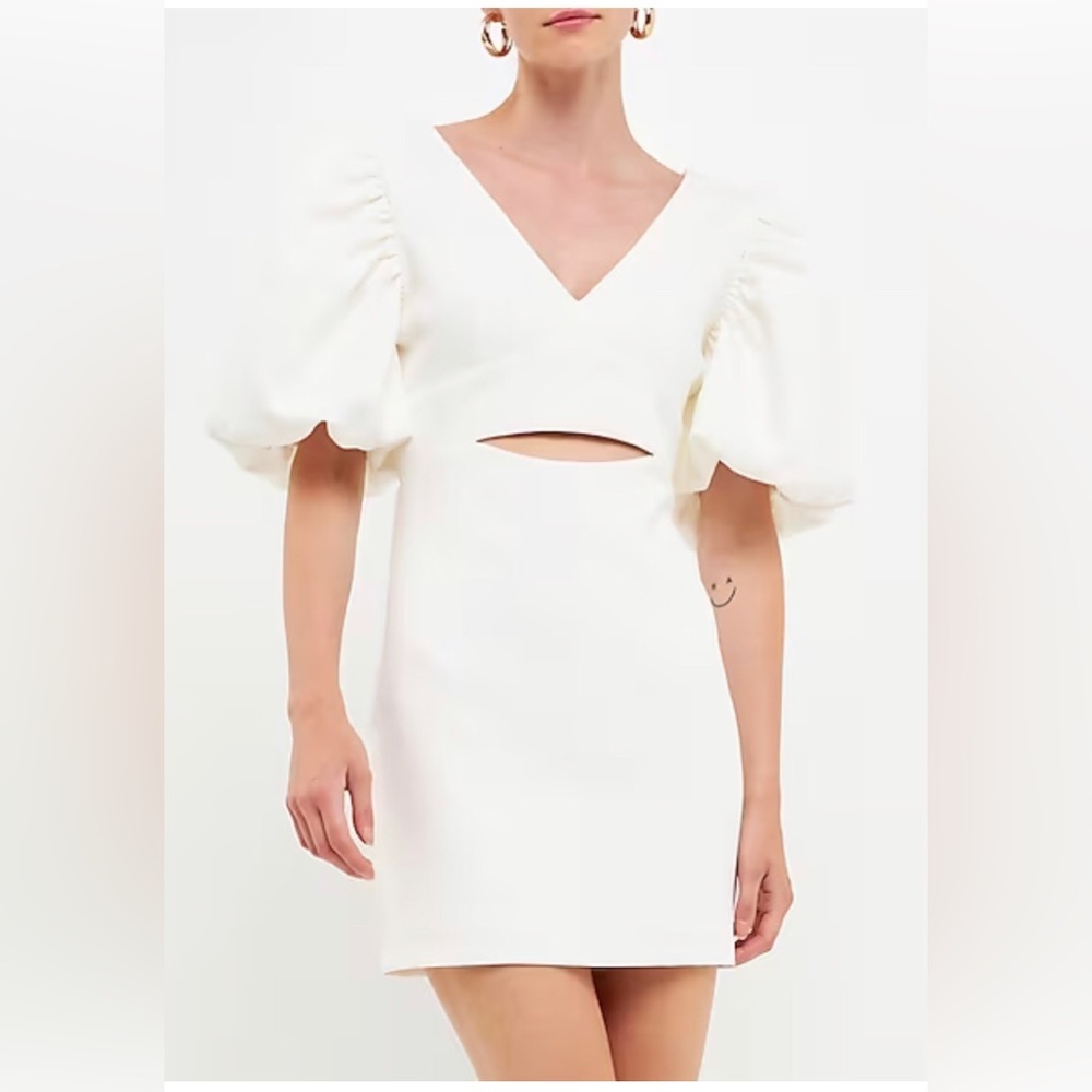 Endless Rose Puff Sleeve white Cut Out v-neck Mini Dress size large new